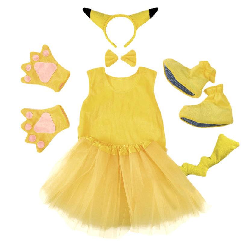 Anime Cosplay Simple - 帽子、帽子、手袋、ドレス、パンツ、テールセット、女の子と男の子のためのドレスアップ、pikachu、子供のためのハロウィーンパーティー