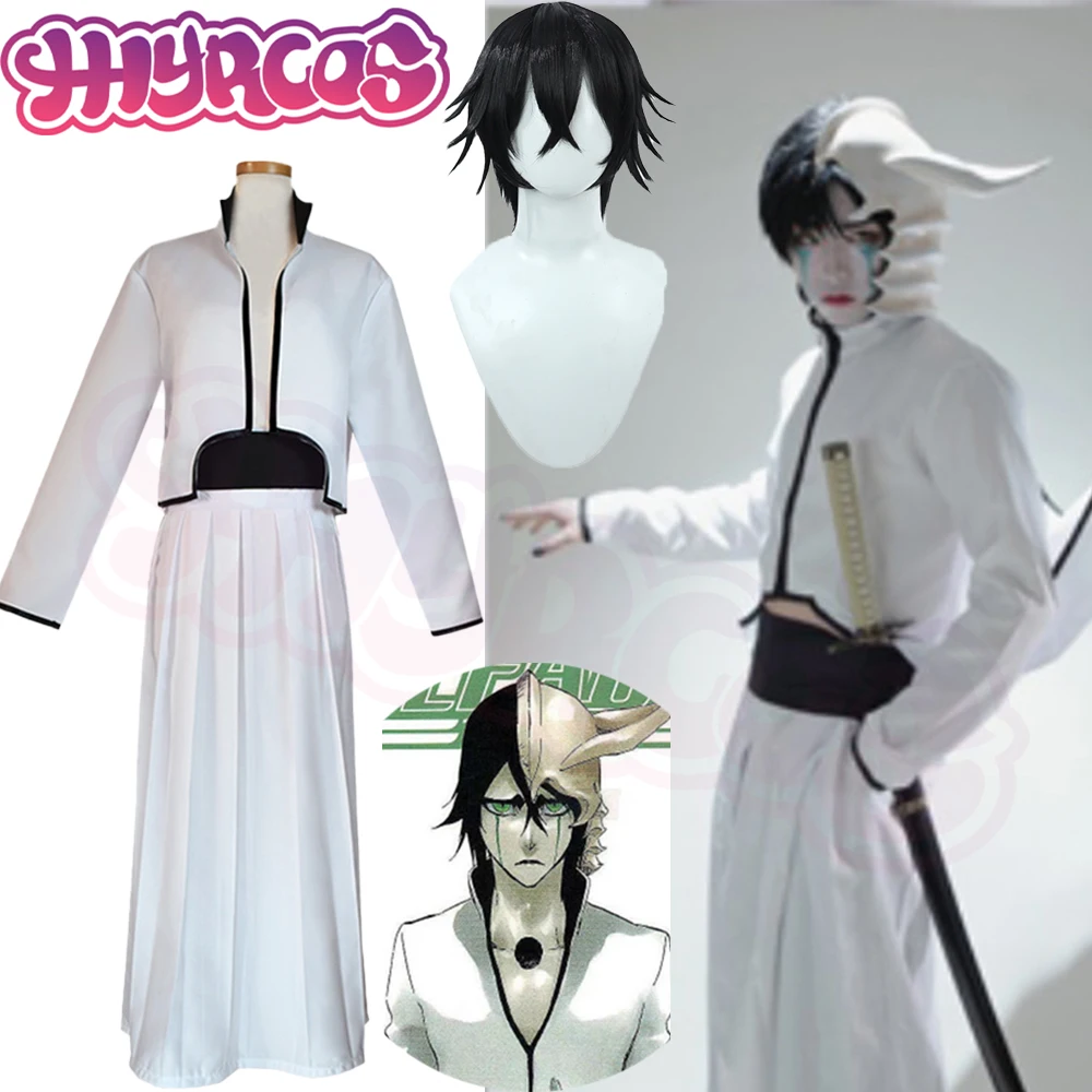 Cosplay Anime White Hair - コスプレアニメブリーチウルキオラのコスプレ衣装ウルキオラヘルメットマスクウィッグ毛白着物 (ジャケット + パンツ + ベルト)