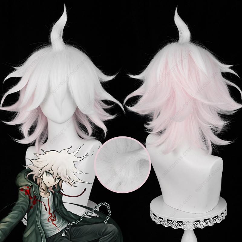 Cosplay Anime White Hair - アニメ Nagito Kokueda コスプレウィッグ 37 センチメートルロングピンク白グラデーションウィッグ耐熱人工毛