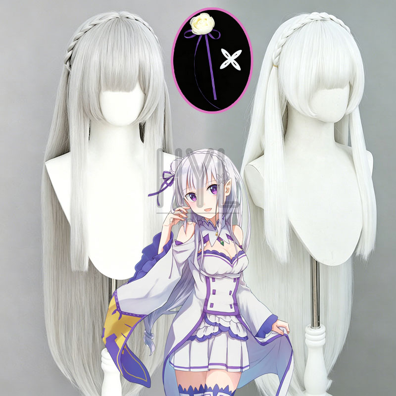 Cosplay Anime White Hair - アニメ再:ゼロエミリアコスプレウィッグシルバーホワイトロング自然な見た目人工毛ヘッドウェア女性男性用ハロウィン仮装パーティー