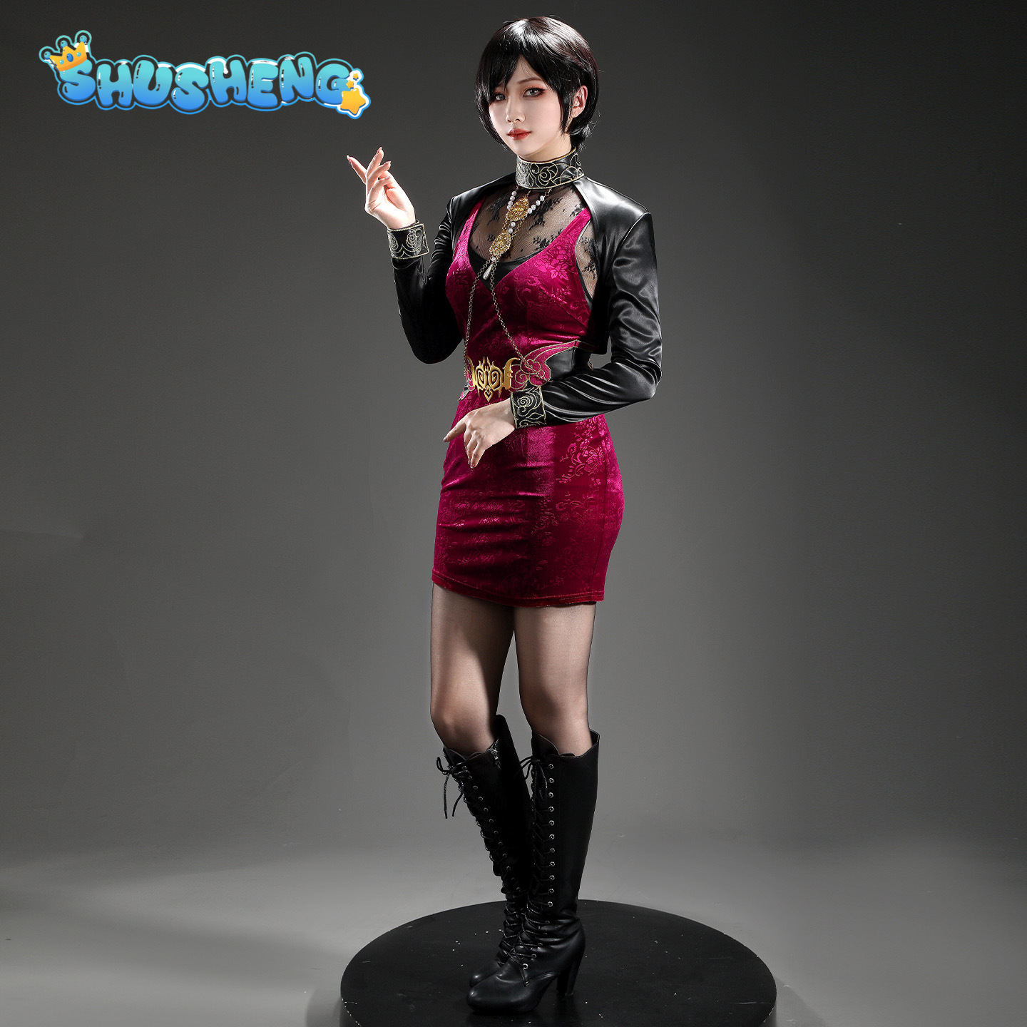 Cosplay Anime Shoes - エイダ・ウォン 30 周年記念バイオハザードゲームバイオハザードコスプレ衣装ハロウィン女性男性セクシーなゴールドベルベットドレスシューズスーツ