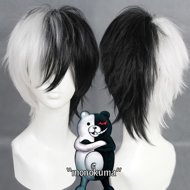 Cosplay Anime White Hair - コスプレ-子供のためのコスプレアクセサリー,長さ黒と白のふわふわの短い髪のキャップ