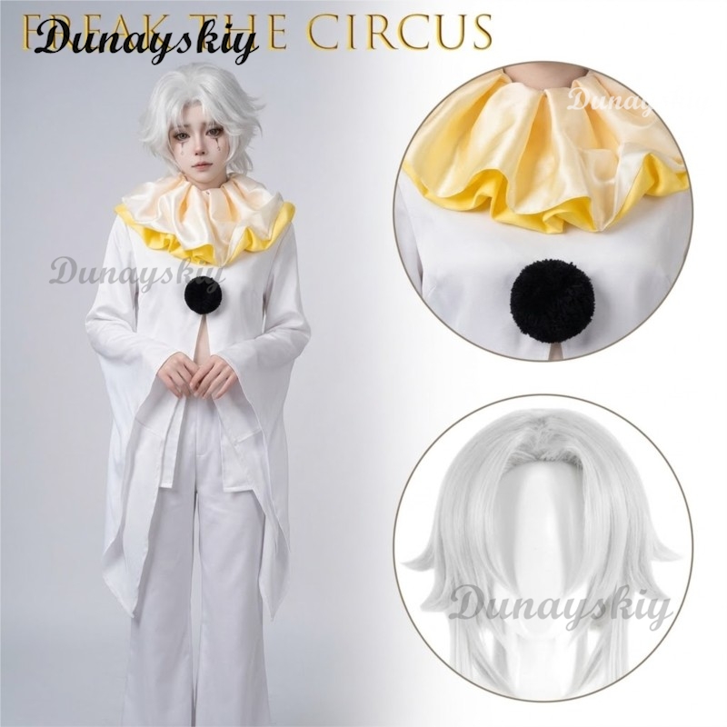 Anime Cosplay Long Hair - ピエロフリークパーティー白いピエロコスプレコンプリートセット衣装マスクロング白髪ベルアクセサリー会議用ハロウィンパーティー用