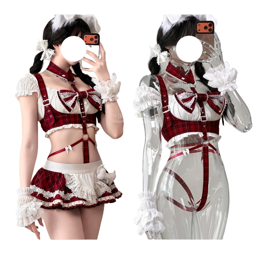 Cosplay Anime Bunny Girl - かわいい赤いチェック柄のメイドコスプレ衣装、スイートバニーガールの衣装、レースのリボンハーネス、ミニスカート、ロリータロールプレイランジェリーセット（女性用）