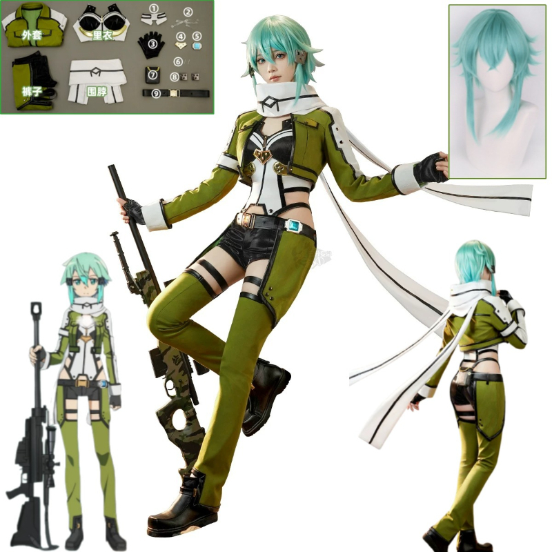 Anime Cosplay Sword - SAO ソードアートオンライン GGO シノンコスプレ衣装黒フード付きジャケットユーティリティベルト膝パッドポーチセット女性用ハロウィンパーティー