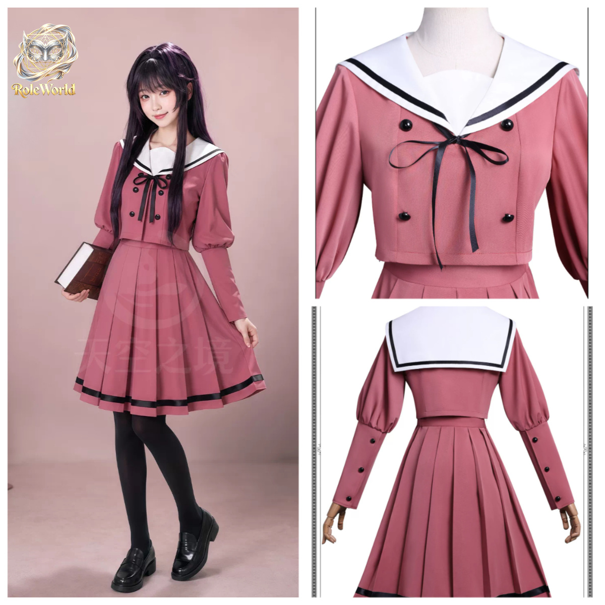 Anime Cosplay Pink - 花和香（ハナワ・アオク）と桜花和里（サク・ワクリ）のコスプレ衣装、セーラーカラーのスクールユニフォーム、ピンクのプリーツスカートのフルセット