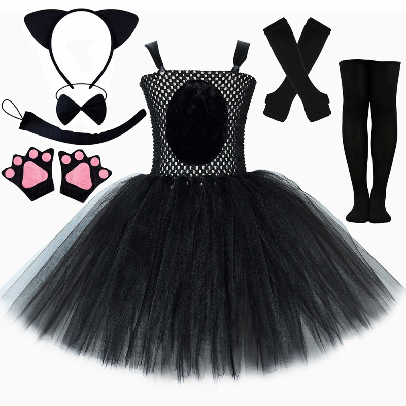Anime Cosplay Simple - 女の子用ブラックパンサーキャットチュチュドレスコスチュームハロウィンカーニバルパーティーアニマルドレスアップ服衣装耳蝶ネクタイ尻尾付き